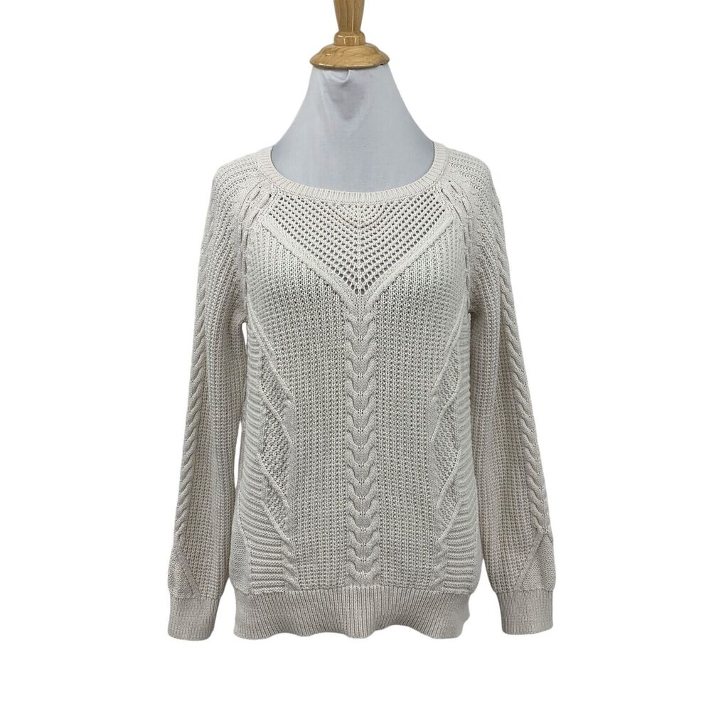 Lilla P Sweater Women M Medium Ivory Long Sleeve Crochet Open Stitch Heavy Knit